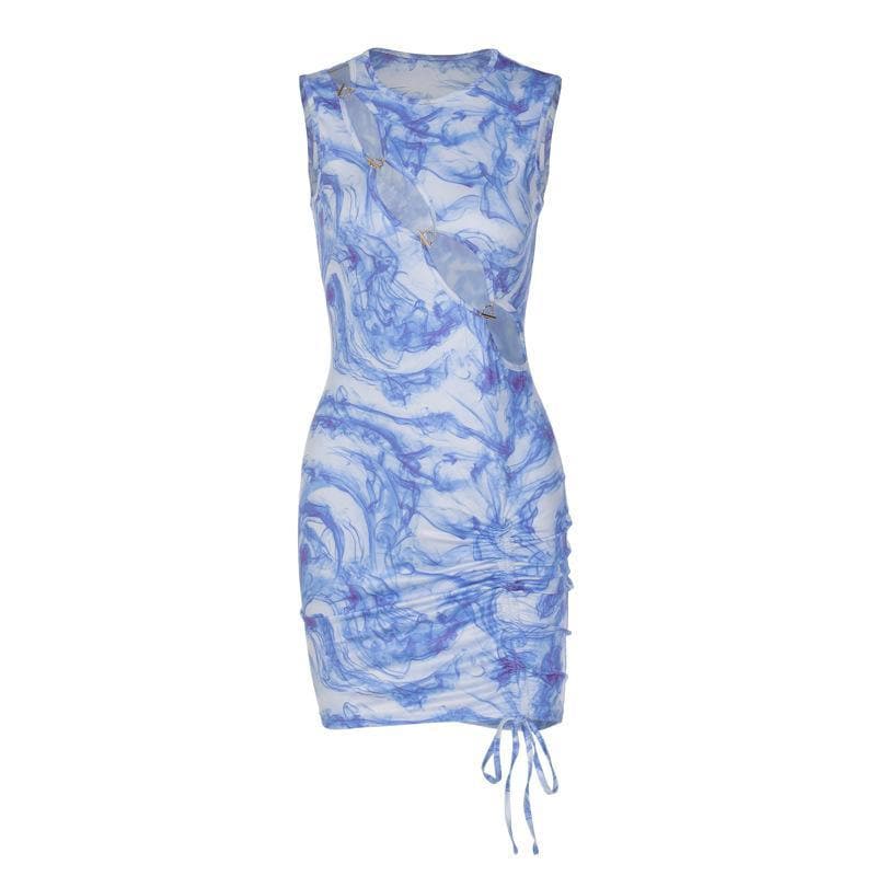 Sleeveless crewneck hollow out drawstring mini dress