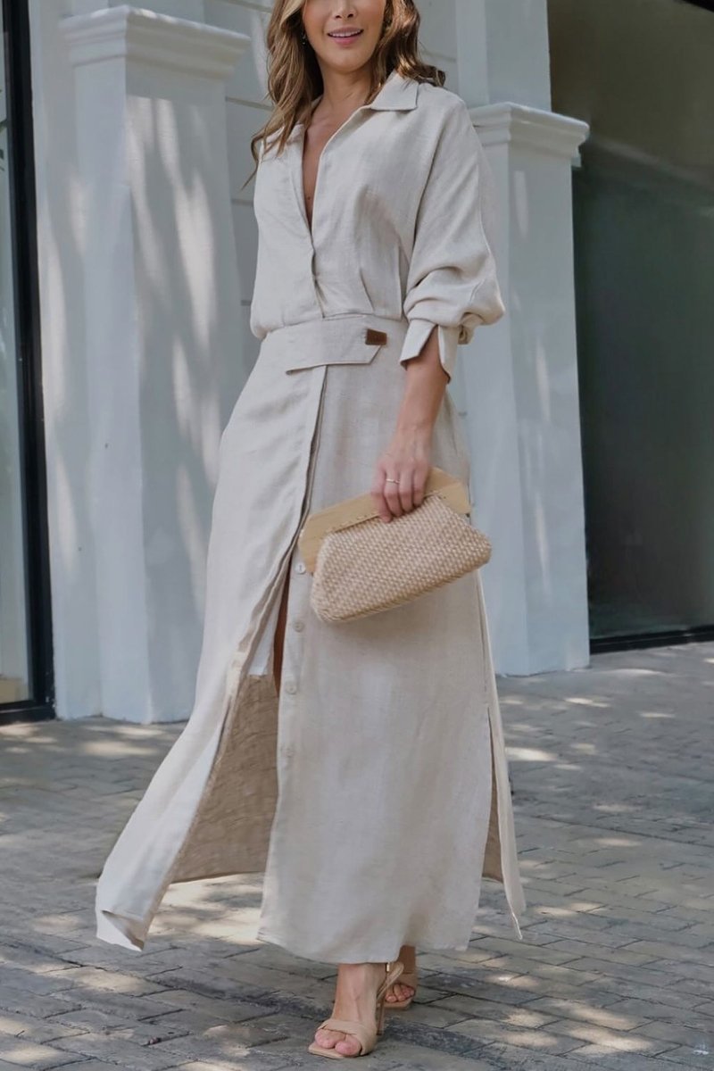 Collared Linen Button-Front Long Sleeve Belted Maxi Shirt Dress 7