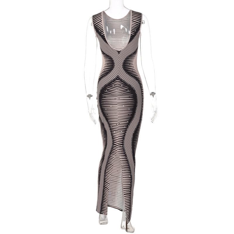 Round neck open back print sleeveless maxi dress