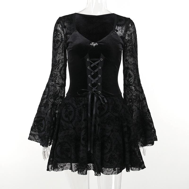 Flared sleeve velvet lace up solid patchwork mini dress