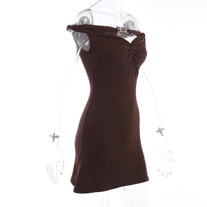 Textured off shoulder metal chain knotted mini dress