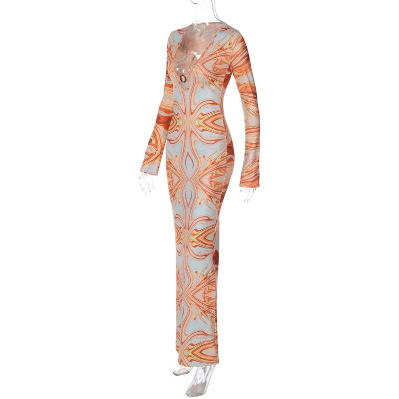 Contrast print o ring v neck long sleeve maxi dress