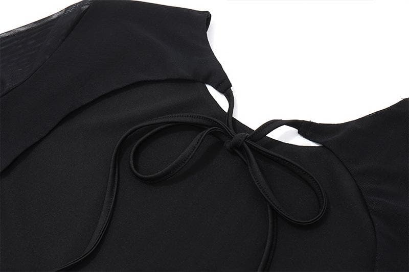 Long flared sleeve crewneck self tie mesh backless mini dress