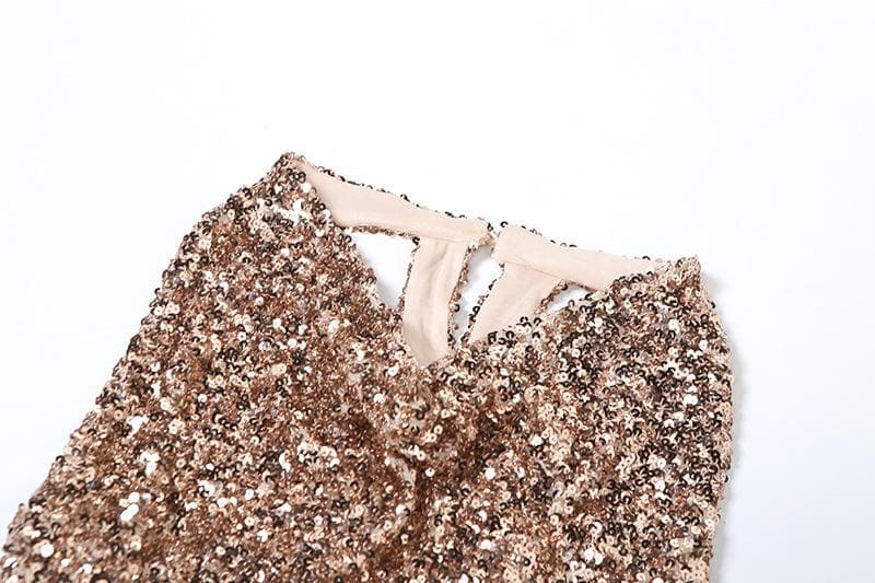 Glitter halter cowl neck ruched self tie backless mini dress
