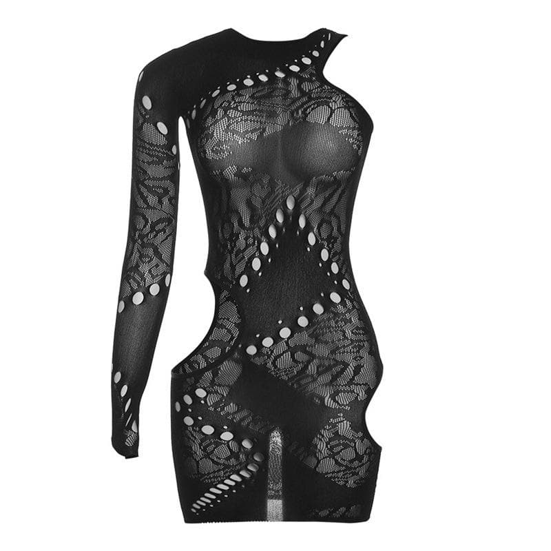 Fishnet irregular long sleeve hollow out see through mini dress
