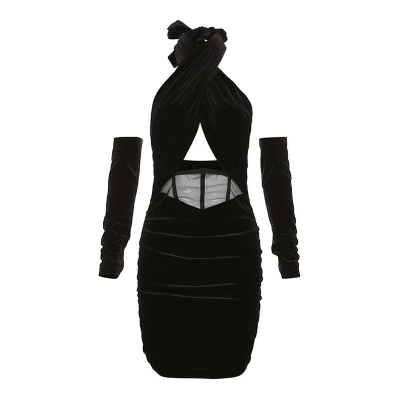 Halter backless velvet gloves hollow out ruched solid mini dress