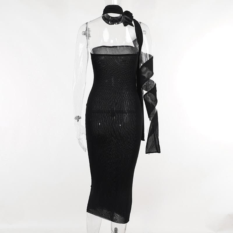 Flower applique solid lace up ribbon tube midi dress