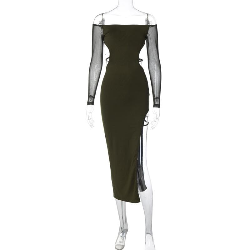 Long sleeve off shoulder hight slit mesh backless irregular midi dress