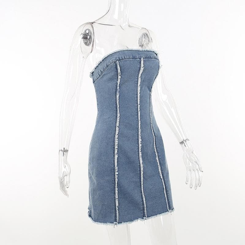 Raw hem zip-up backless contrast denim tube mini dress