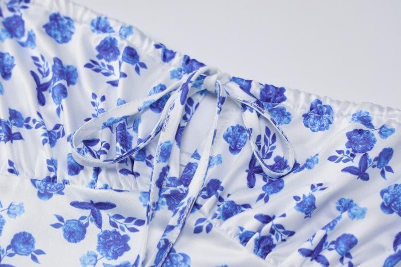 Flower print self tie backless mermaid hem maxi dress