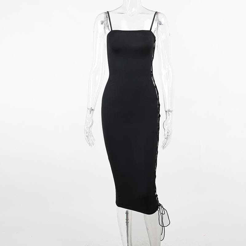Lace up solid irregular backless square neck midi dress