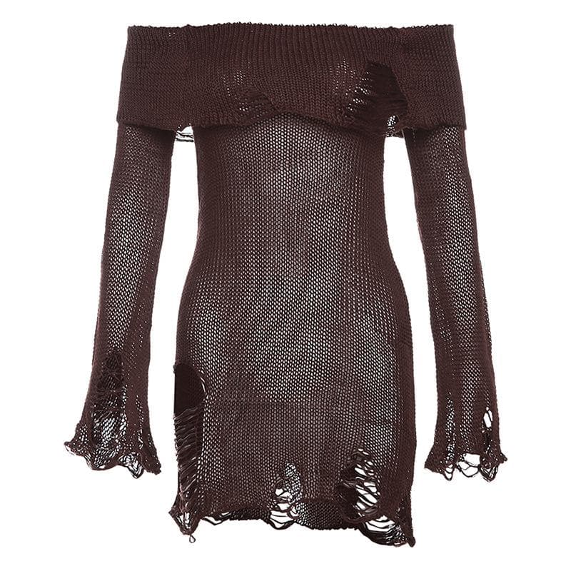 Long flared sleeve off shoulder hollow out see through knitted mini dress