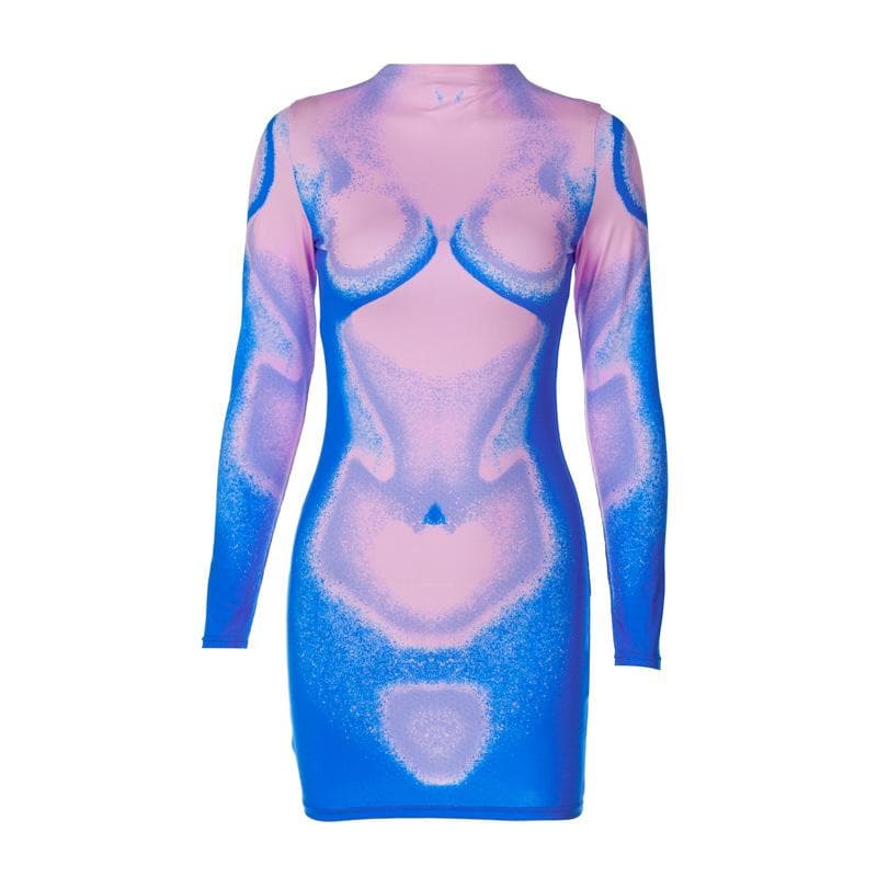 Long sleeve abstract contrast turtle neck mini dress