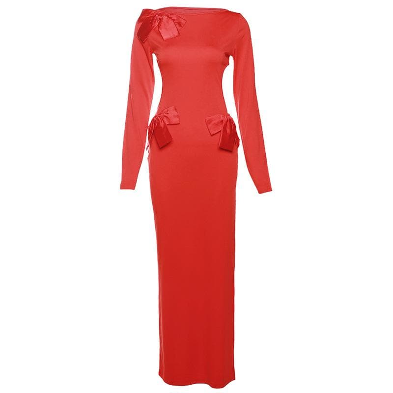 Bowknot backless hollow out solid long sleeve maxi dress