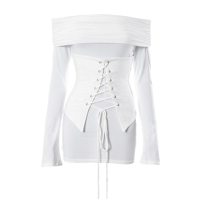 Lace up long sleeve off shoulder ruched solid mini dress
