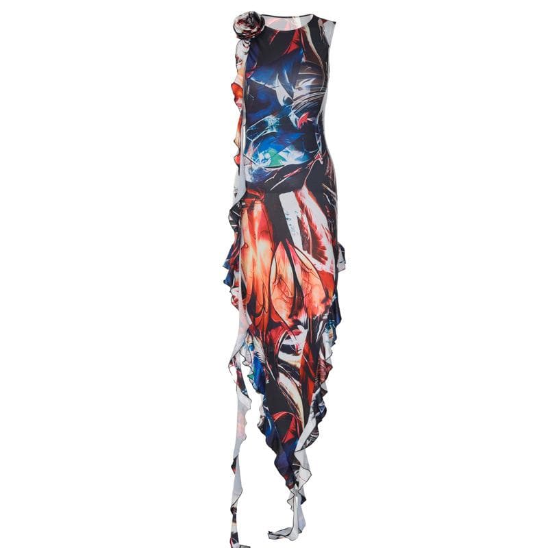 Ribbon sleeveless flower applique contrast print maxi dress