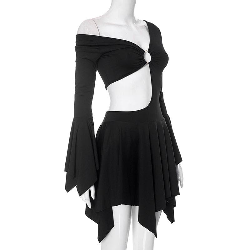 Long flared sleeve irregular solid ruffle o ring hollow out mini dress