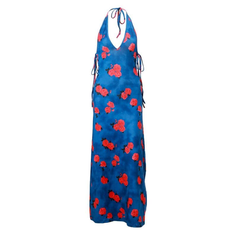 Flower print halter contrast lace up backless v neck midi dress