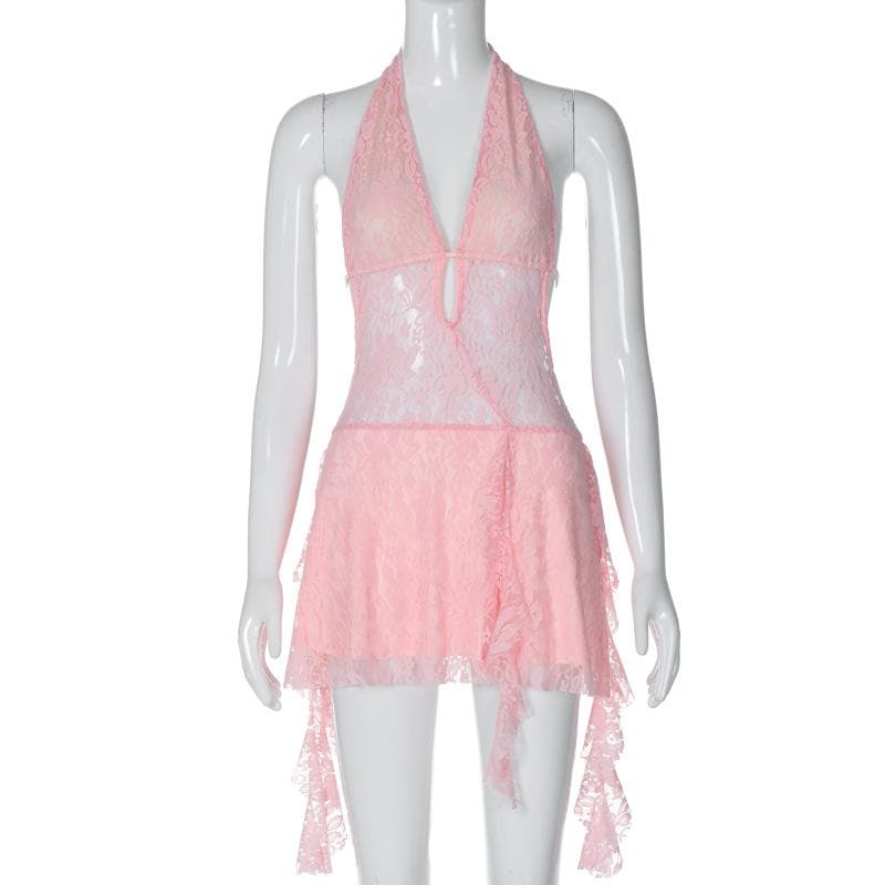 PRE ORDER - Halter v neck backless lace self tie hollow out mini dress