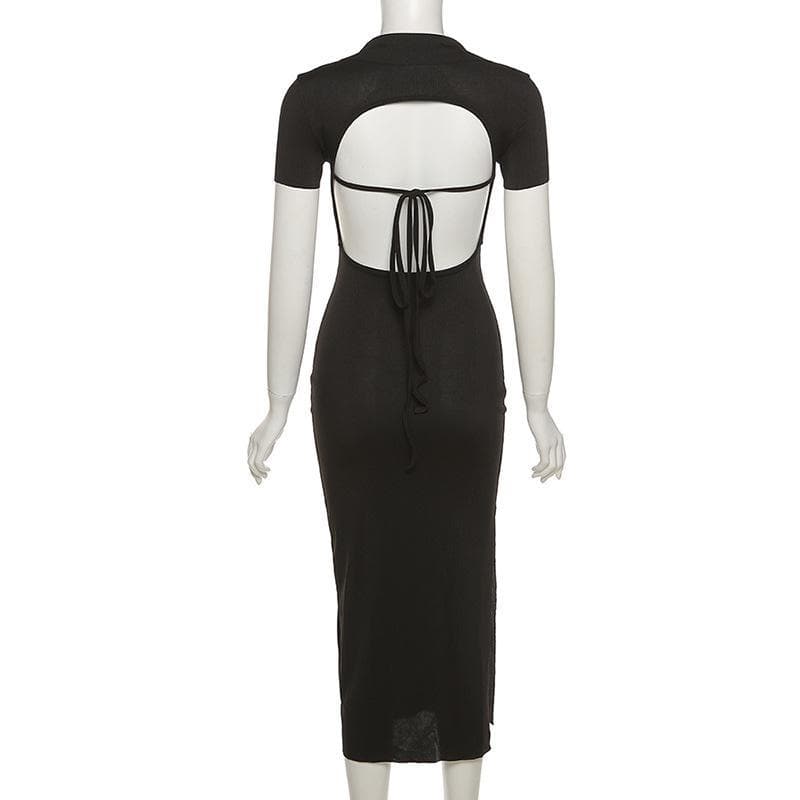 Solid Short sleeve V Neck open back Dress