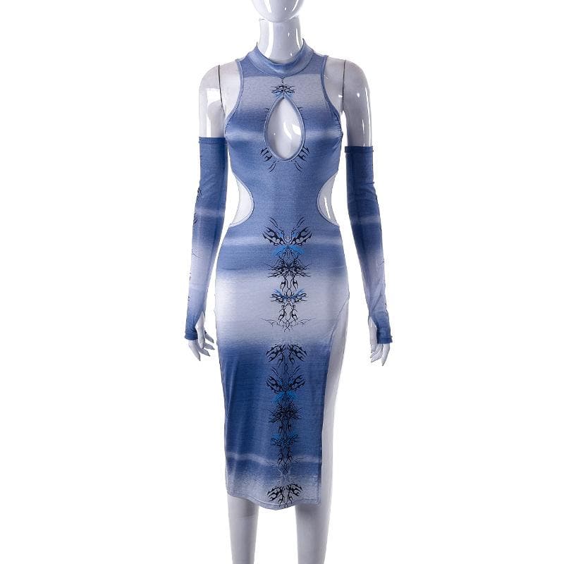 Contrast abstract print hollow out slit gloves midi dress