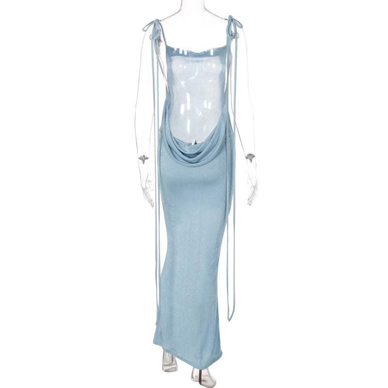 Cowl neck backless self tie solid ruched maxi dress