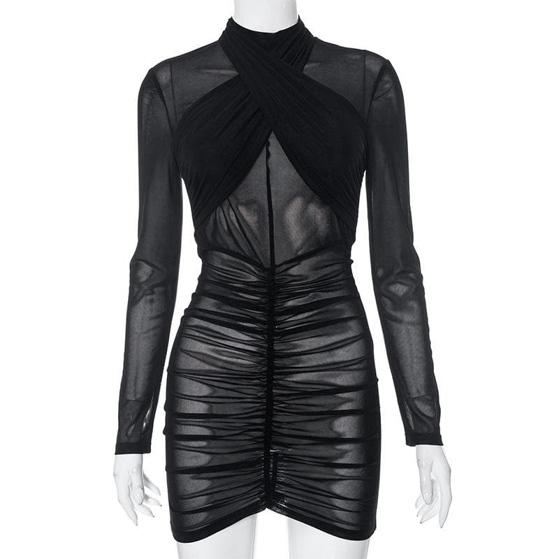 Ruched long sleeve cross front sheer mesh see through mini dress