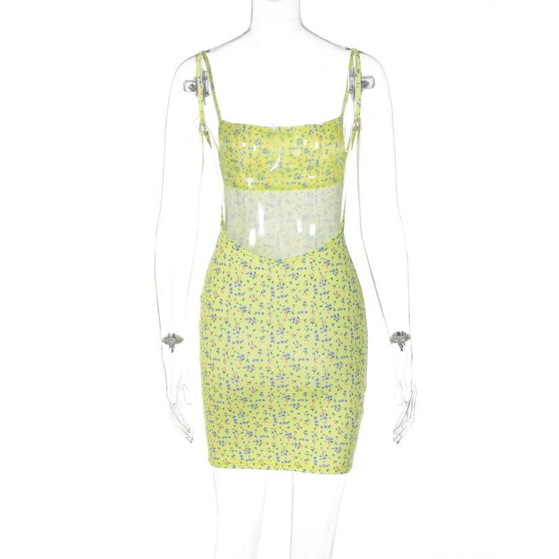 Flower print square neck backless contrast mini dress