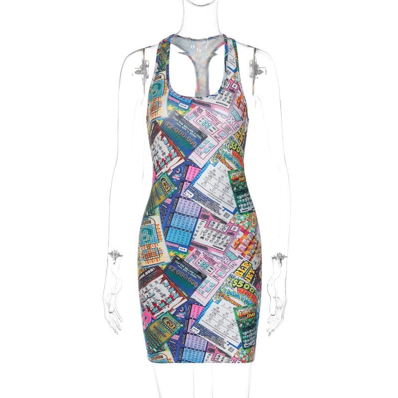 Sleeveless u neck lottery print contrast mini dress