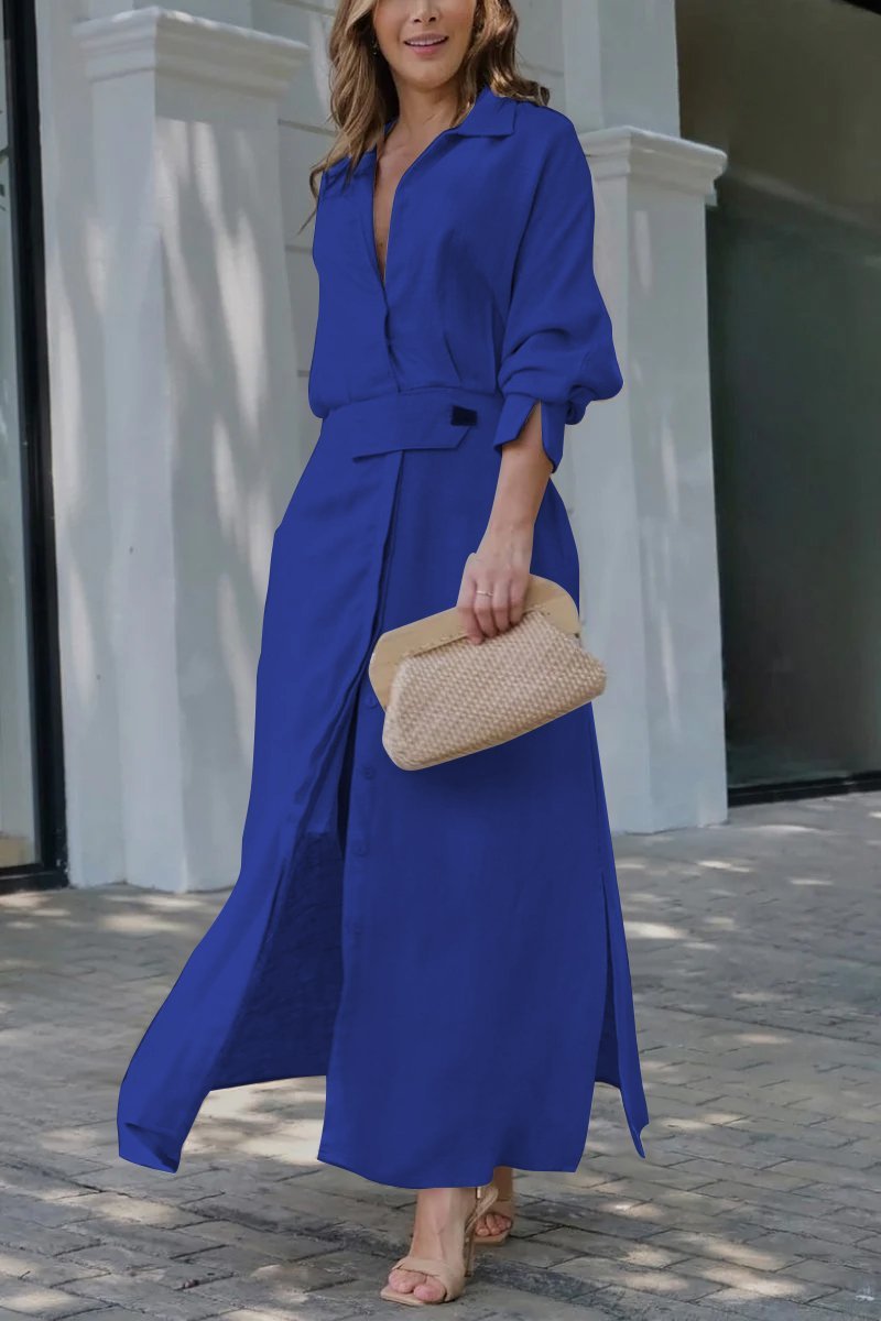 Collared Linen Button-Front Long Sleeve Belted Maxi Shirt Dress 5