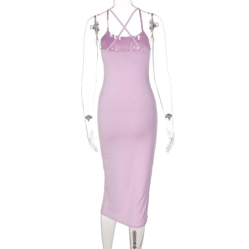 Cross back solid slit backless sleeveless midi dress