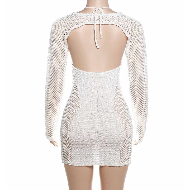 Fishnet hollow out solid long sleeve backless shrug mini dress