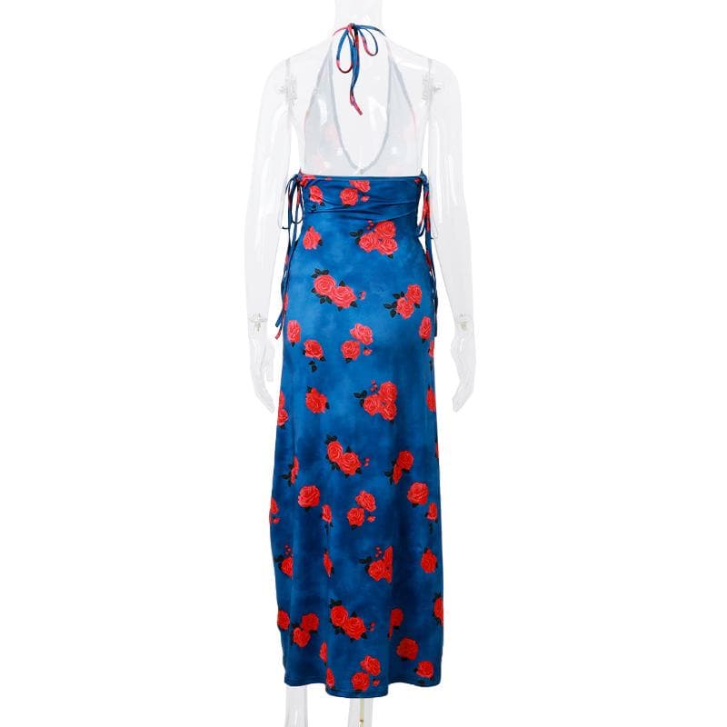 Flower print halter contrast lace up backless v neck midi dress