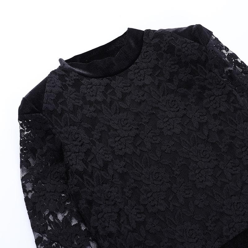 Lace solid see through long sleeve furry mini dress