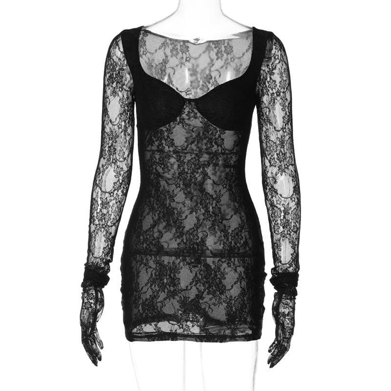 Long sleeve lace gloves see through sweetheart neck mini dress