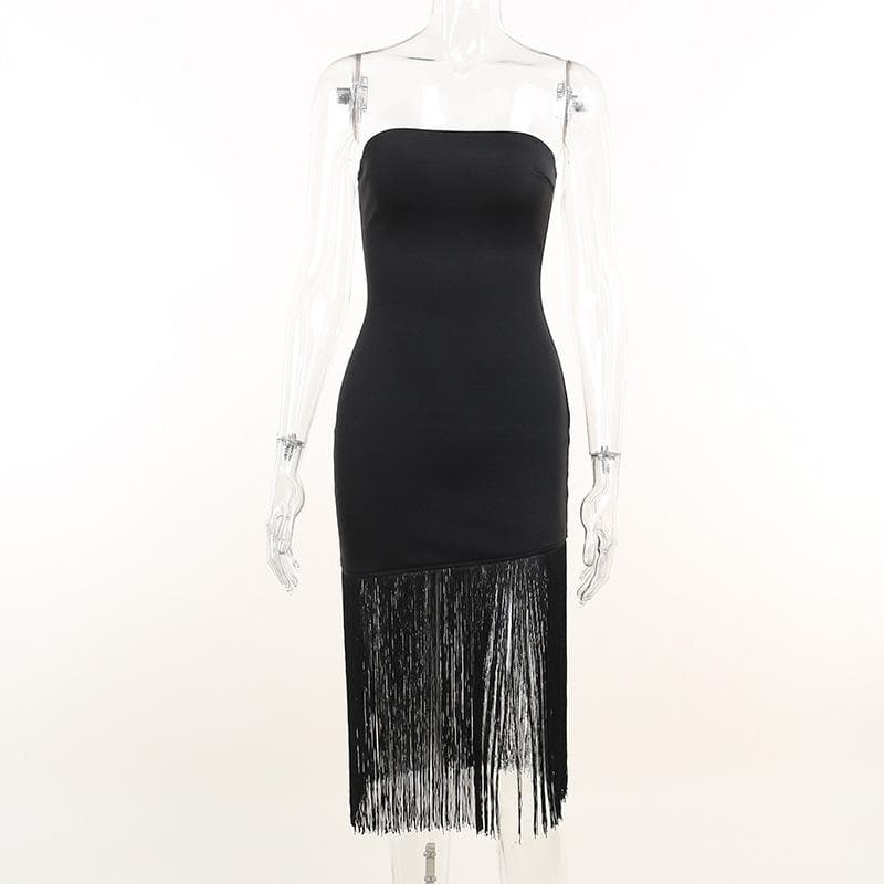 Sleeveless solid backless tassel tube dress