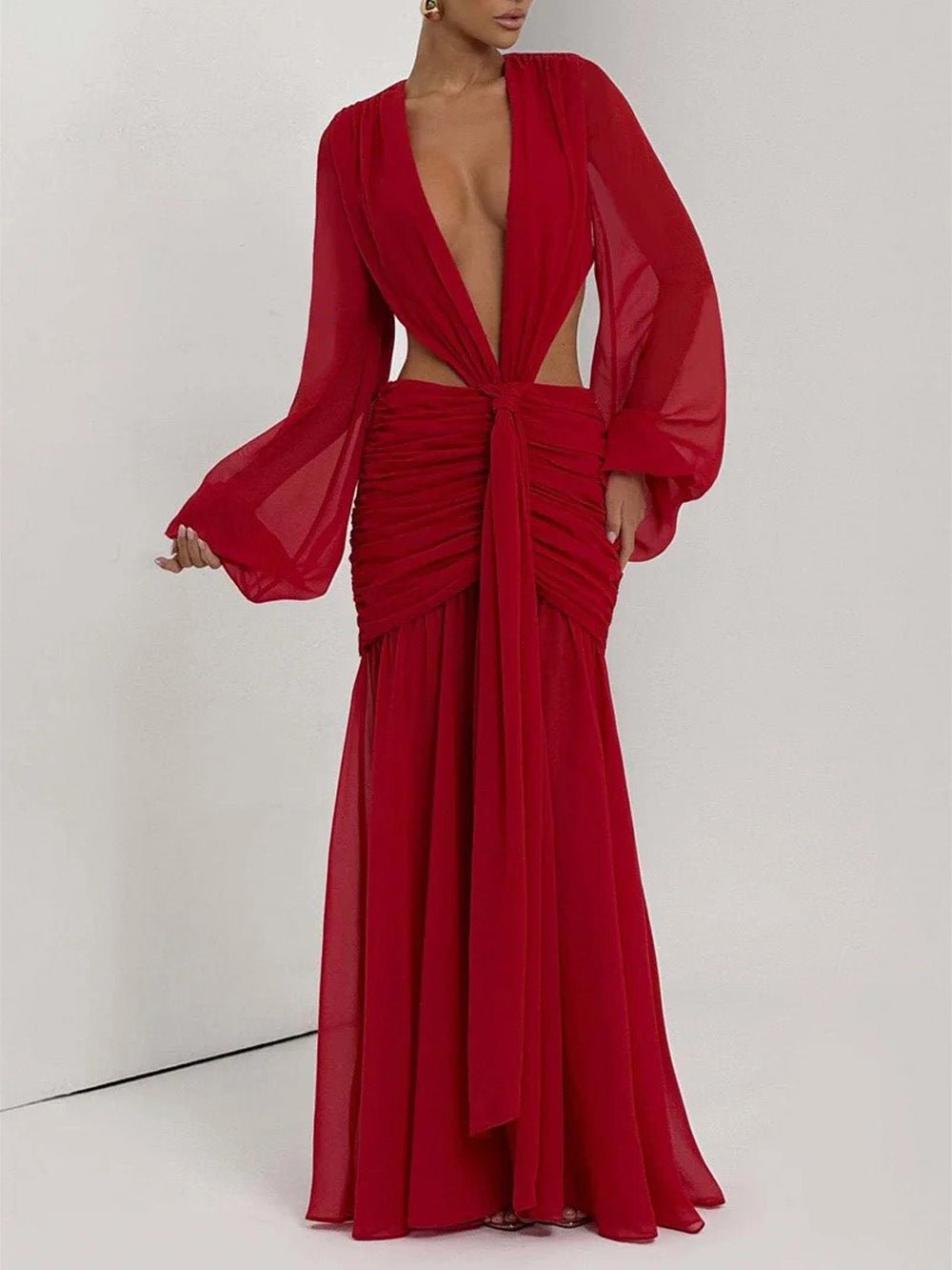 Red Chiffon Bishop Sleeve Deep V-Neck Cut Out Knot Ruched Maxi Dress 4