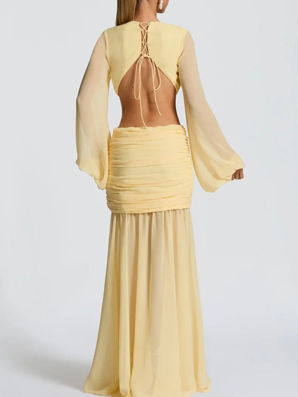 Yellow Chiffon Deep V-Neck Bishop Sleeve Waist Cut Out Knotted Ruched Hip Maxi Dress 2