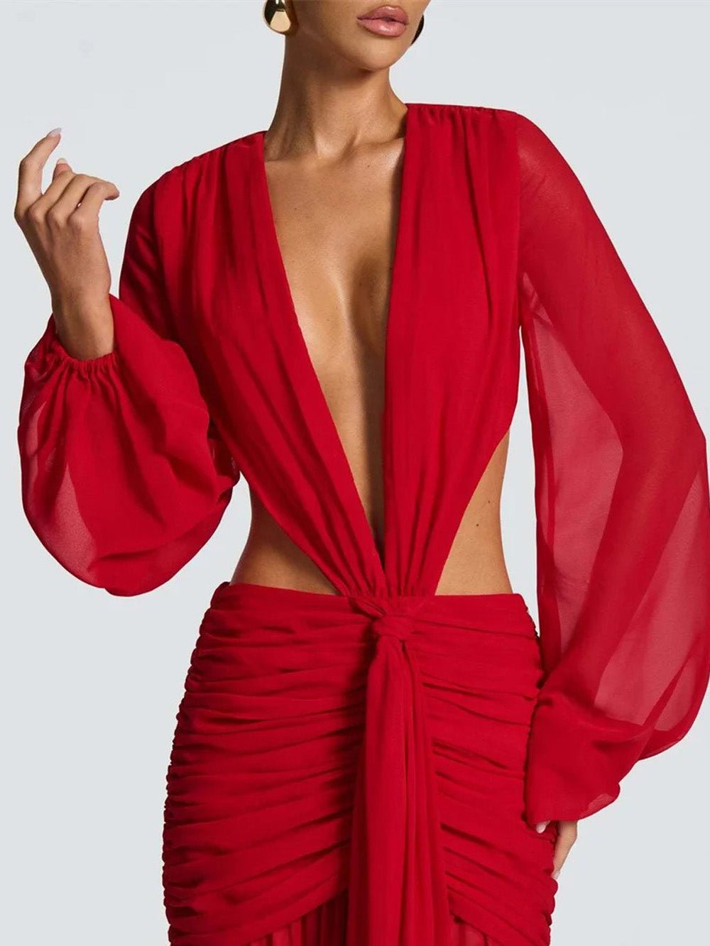 Red Chiffon Bishop Sleeve Deep V-Neck Cut Out Knot Ruched Maxi Dress 3