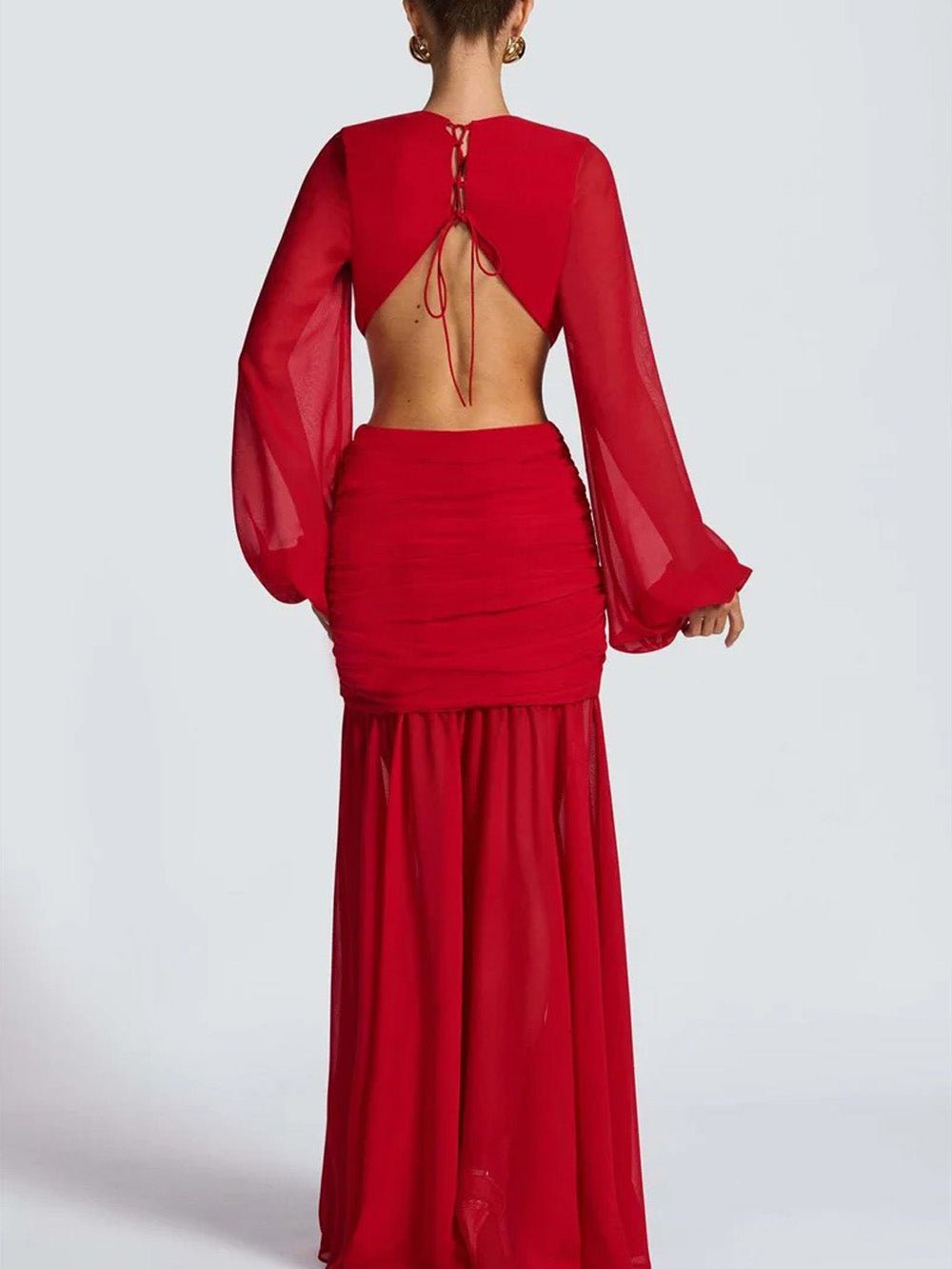 Red Chiffon Bishop Sleeve Deep V-Neck Cut Out Knot Ruched Maxi Dress 2