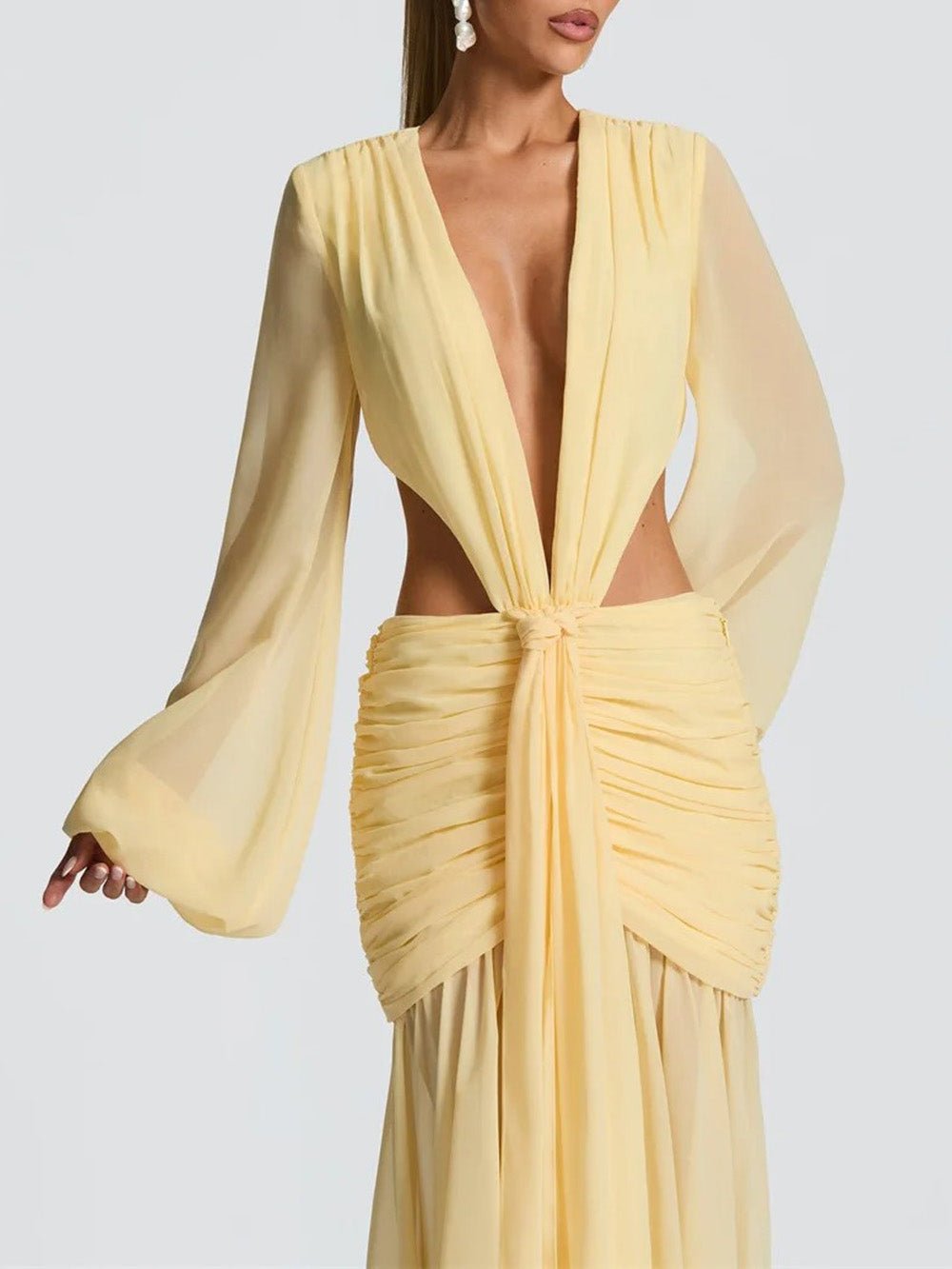 Yellow Chiffon Deep V-Neck Bishop Sleeve Waist Cut Out Knotted Ruched Hip Maxi Dress 3