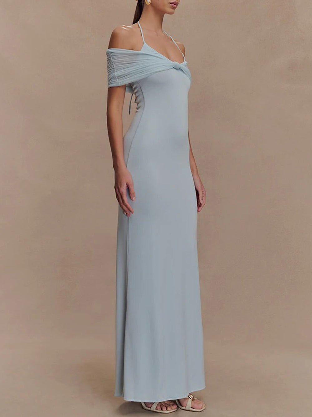 Halter Neck Twist Knot Bust Mesh Off Shoulder Drape Bodycon Maxi Dress 3