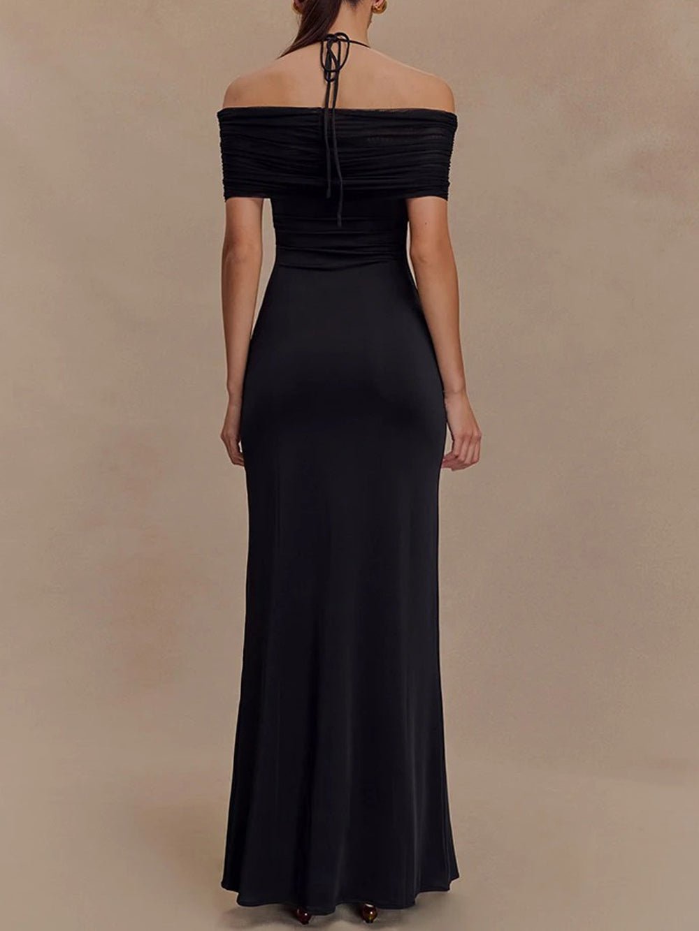 Halter Neck Twist Knot Bust Mesh Off Shoulder Drape Bodycon Maxi Dress 5