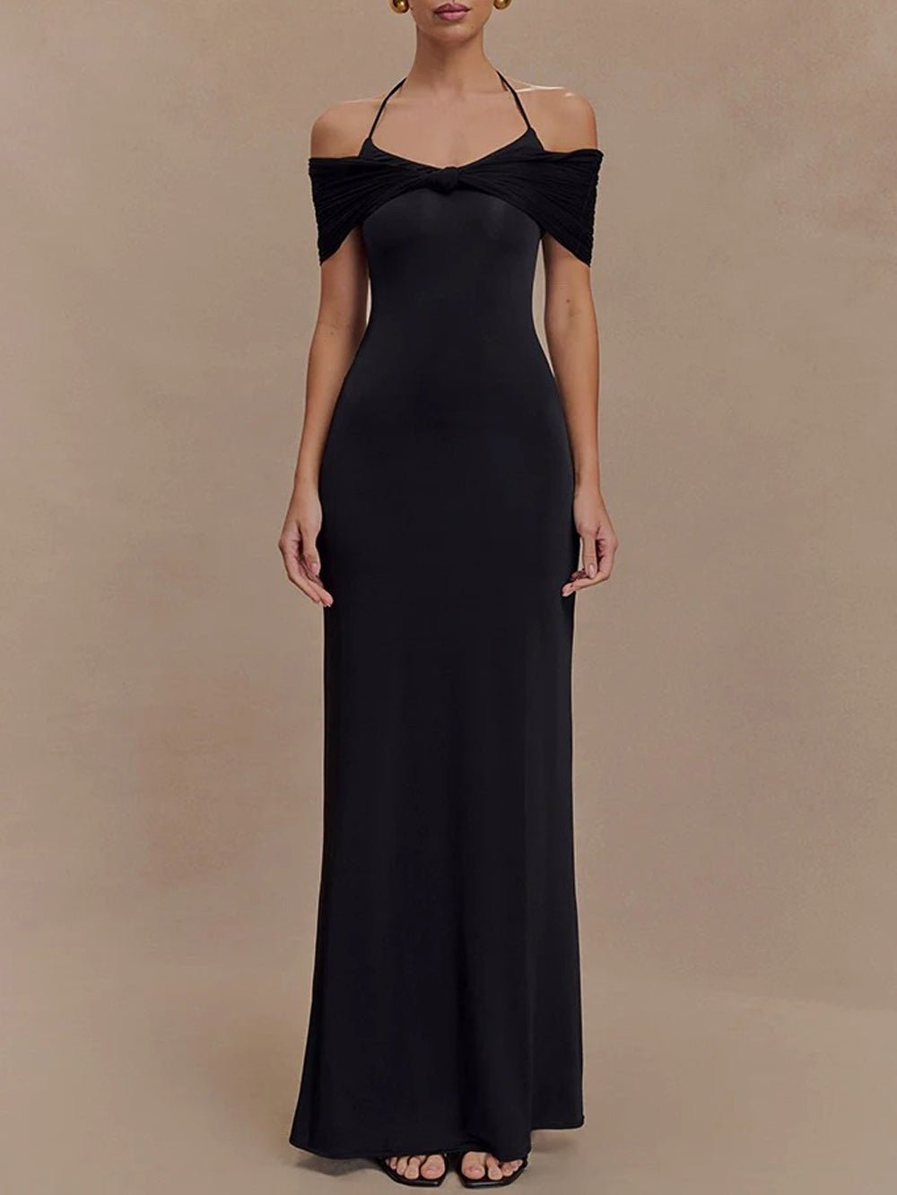 Halter Neck Twist Knot Bust Mesh Off Shoulder Drape Bodycon Maxi Dress 4