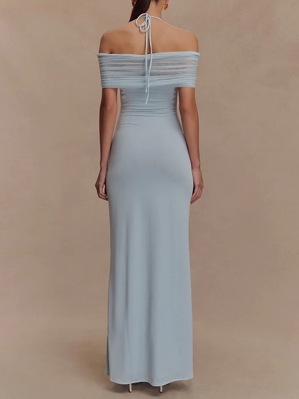 Halter Neck Twist Knot Bust Mesh Off Shoulder Drape Bodycon Maxi Dress 2