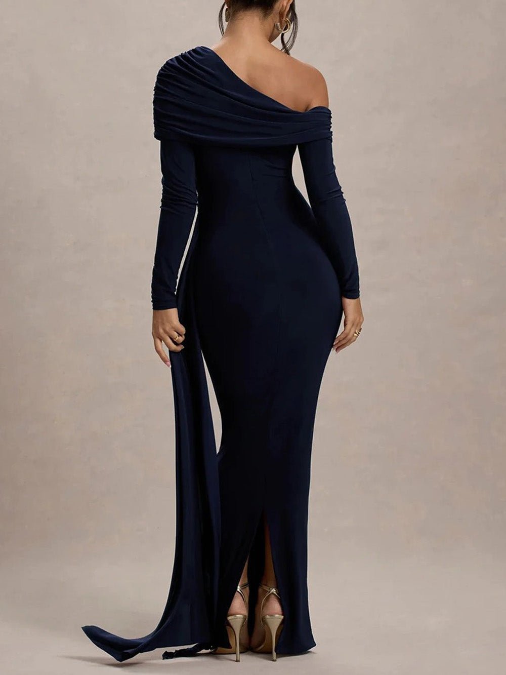 Blue Ruched One Shoulder Long Sleeve Drape Panel Maxi Gown 2