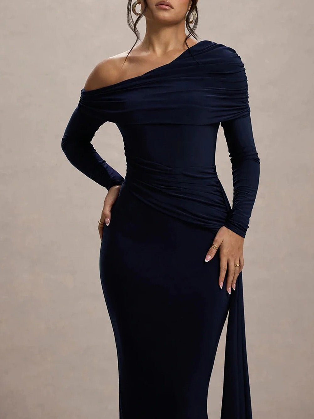 Blue Ruched One Shoulder Long Sleeve Drape Panel Maxi Gown 3