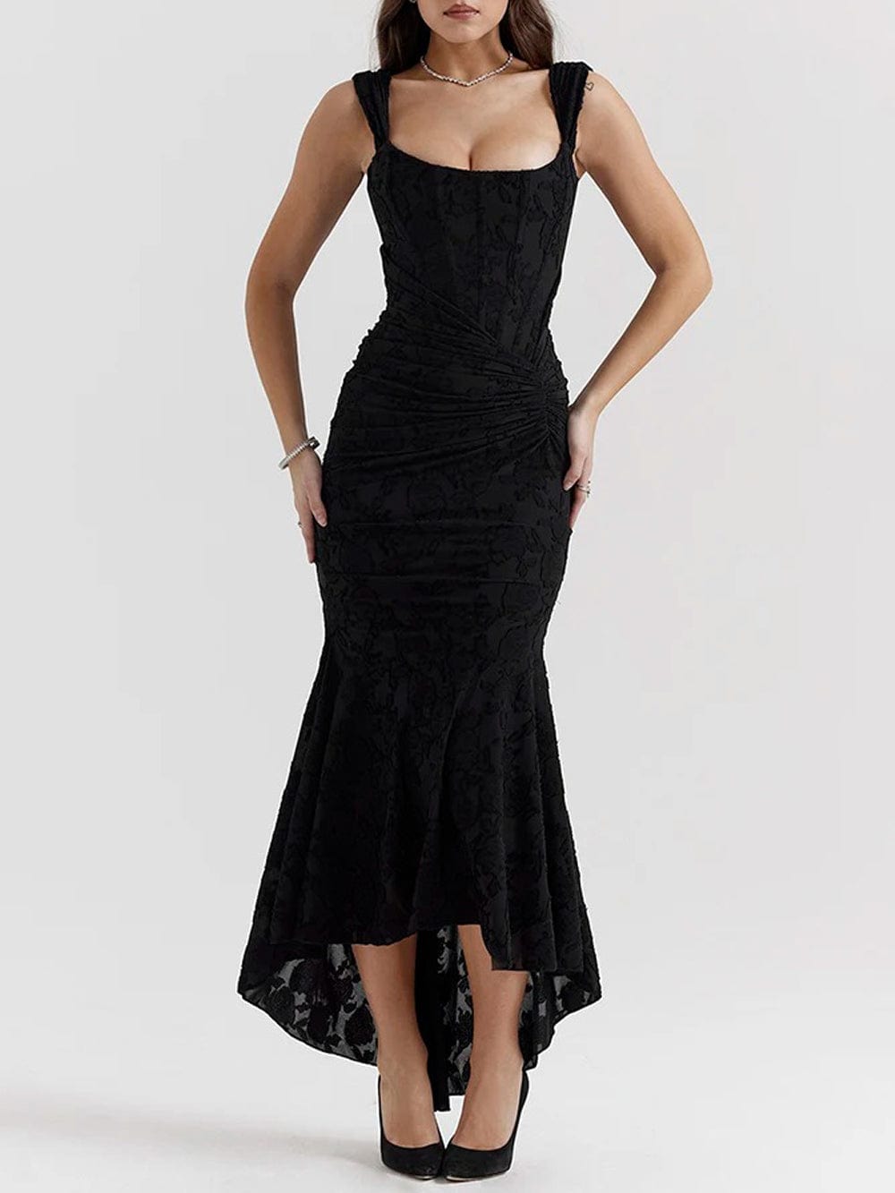 Jacquard Corset Bodice Ruched Mermaid High Low Maxi Gown 13