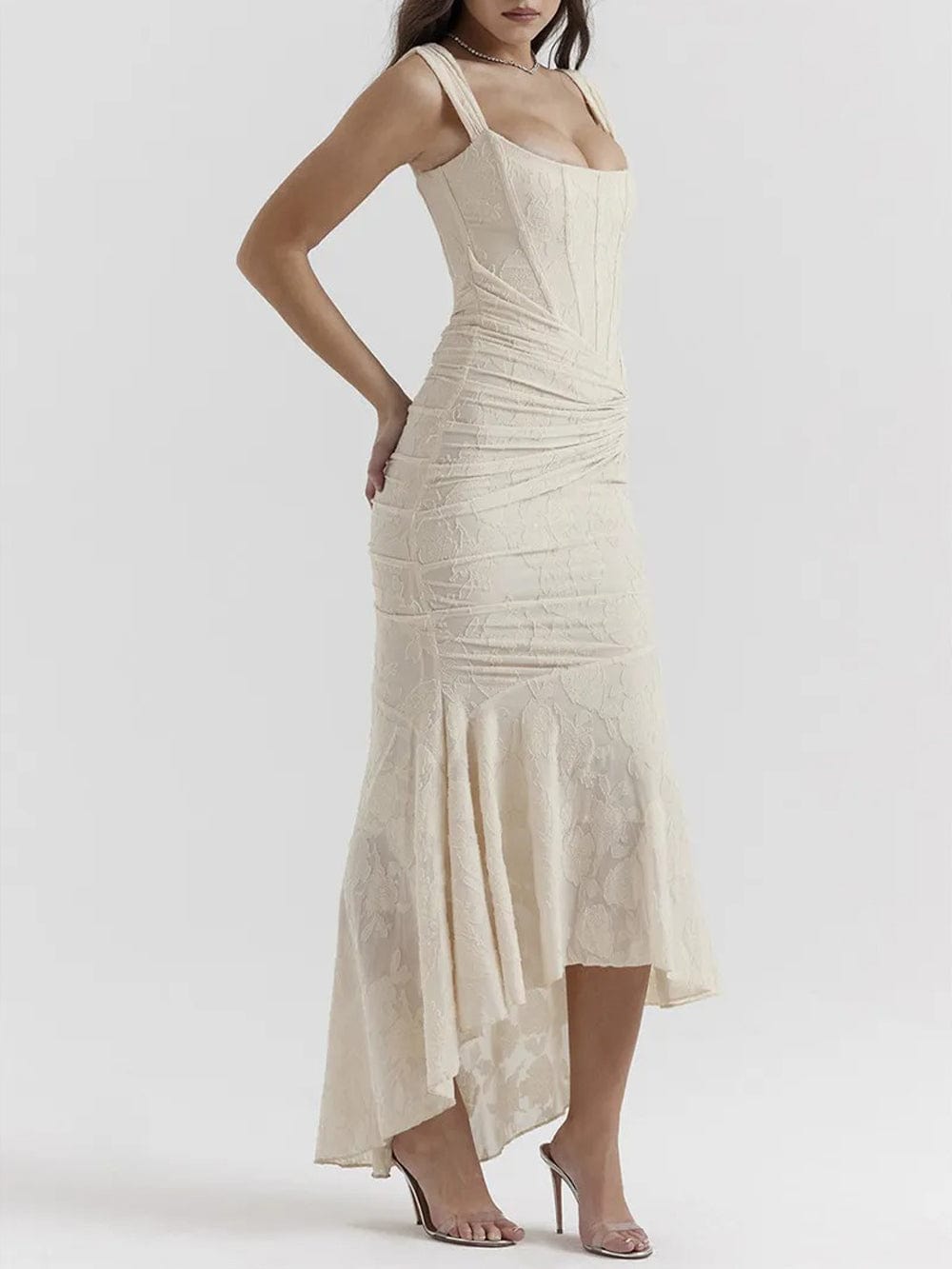 Jacquard Corset Bodice Ruched Mermaid High Low Maxi Gown 19
