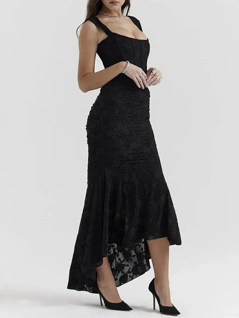 Jacquard Corset Bodice Ruched Mermaid High Low Maxi Gown 15